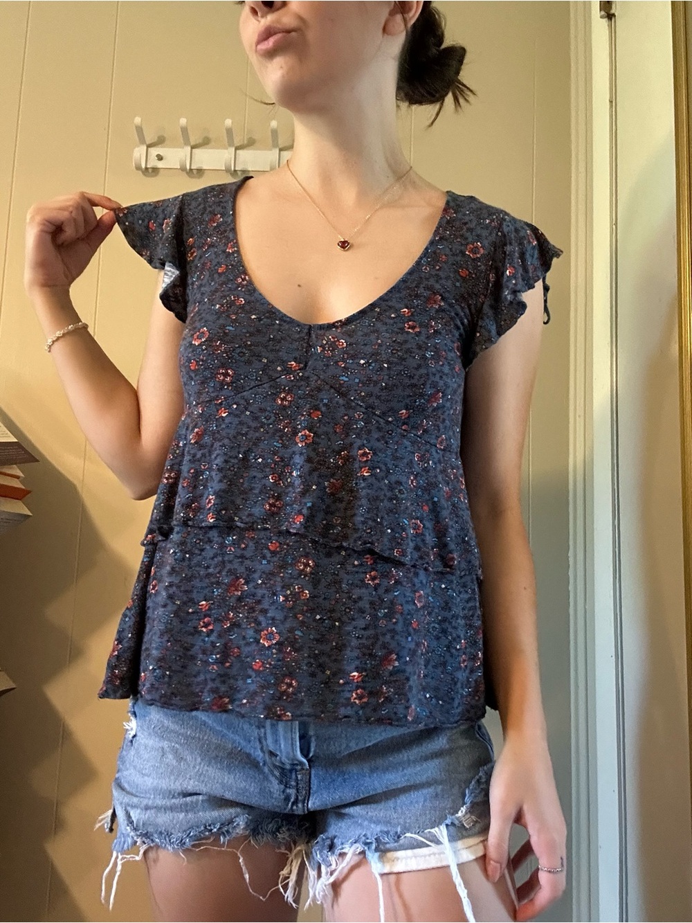Aeropostale Navy Floral Layered Flutter Sleeve Top